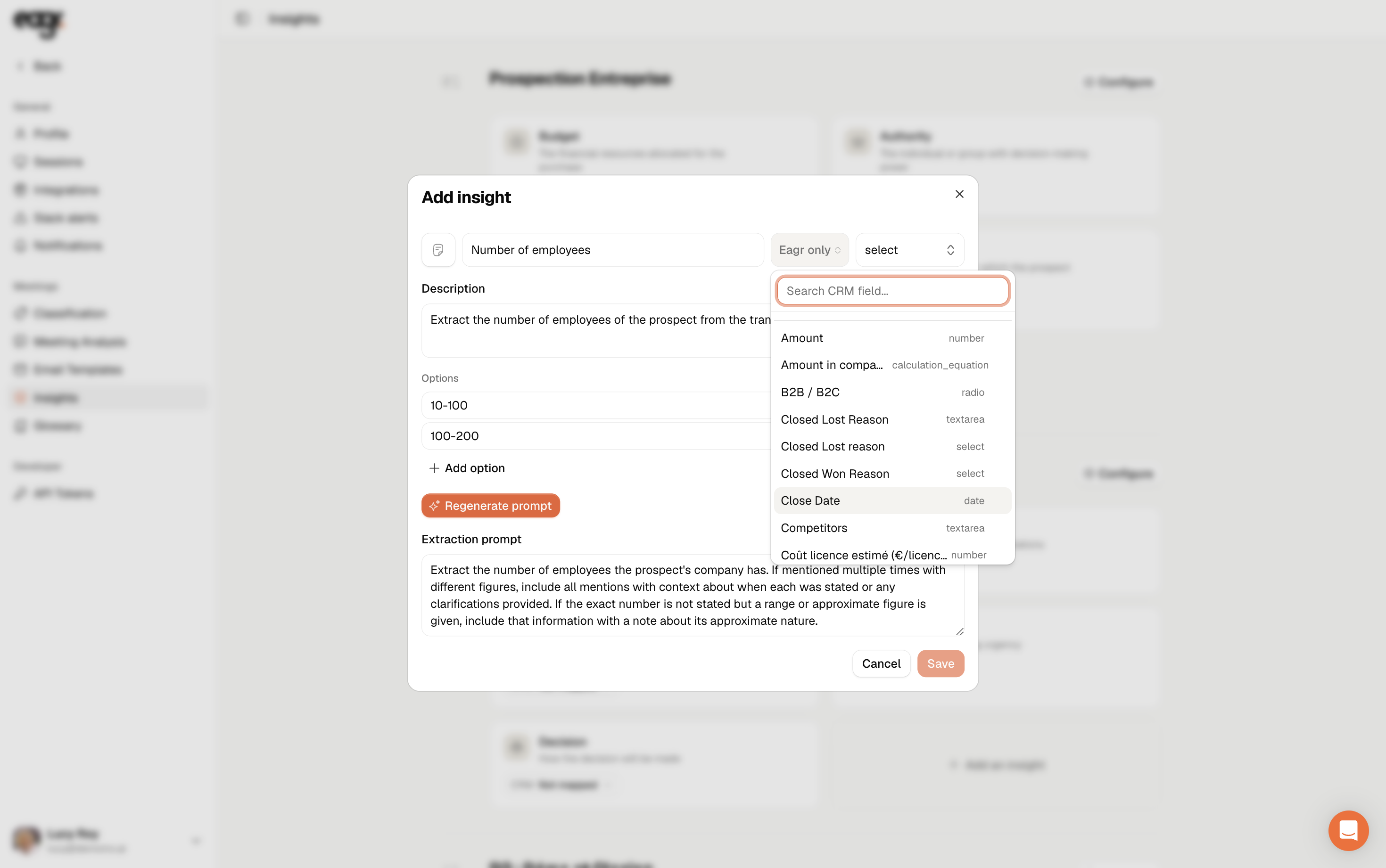Screenshot: choosing the insight's destination (Eagr, notes or a CRM field).