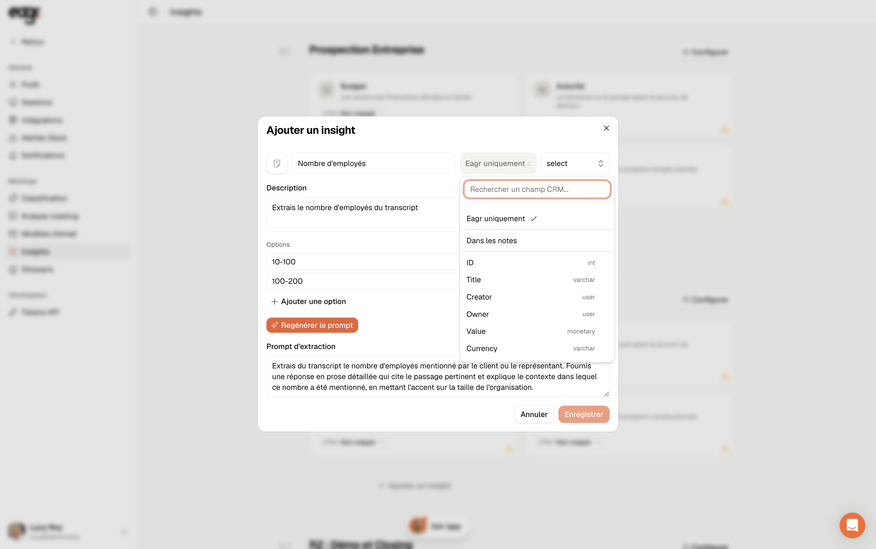 Capture : choisir la destination de l'insight (Eagr, notes ou champ CRM).