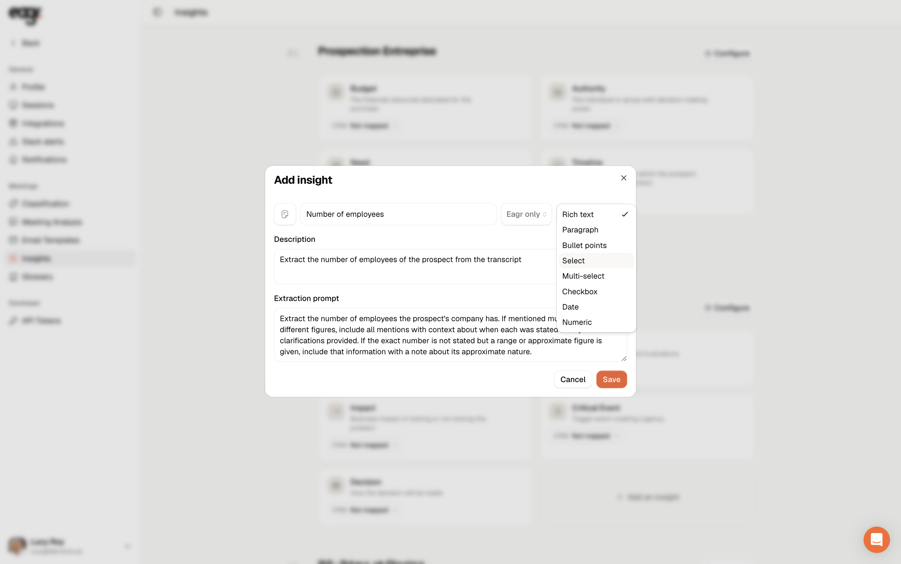 Screenshot: choosing the field format.