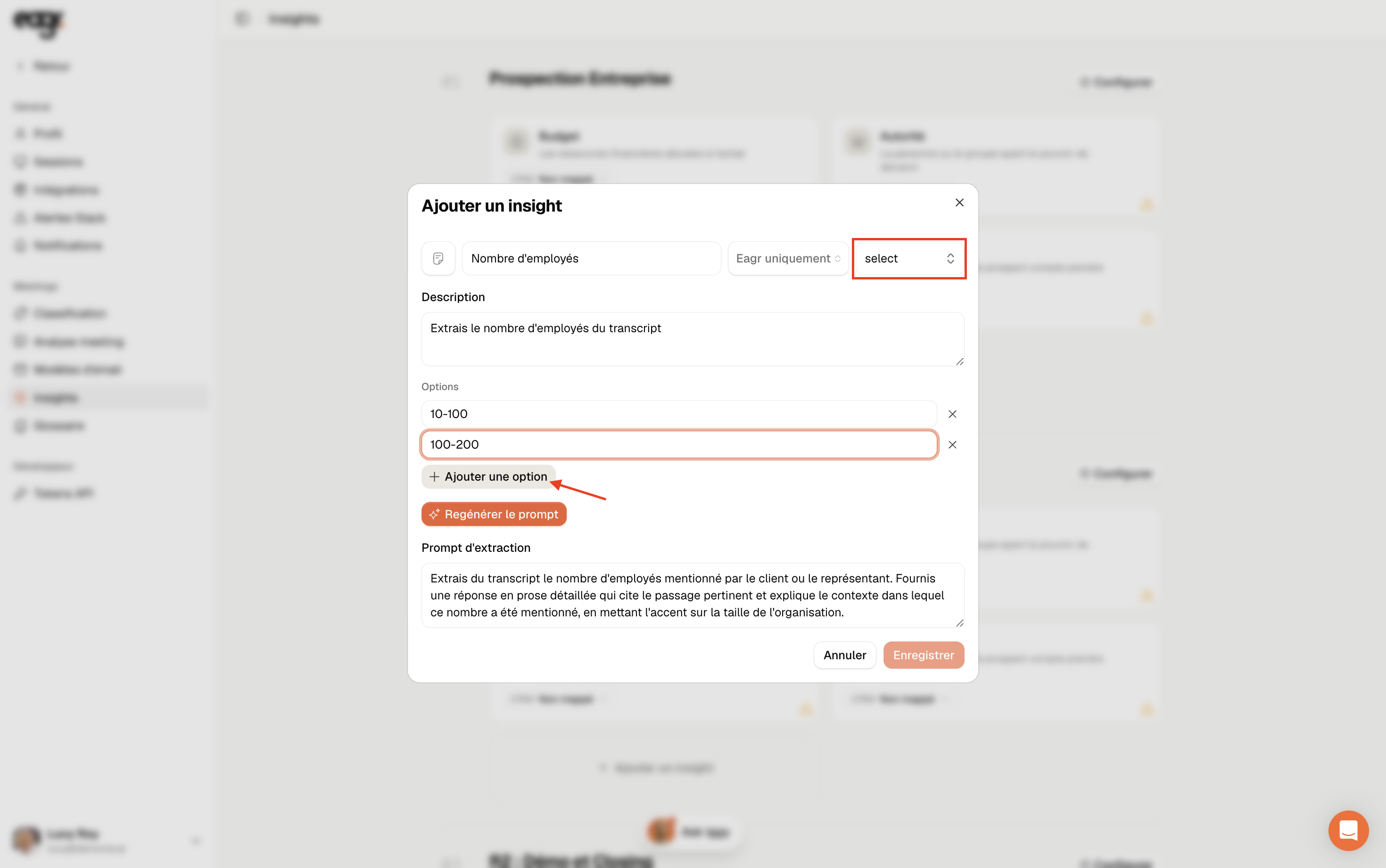 Capture : une sélection et ses options.