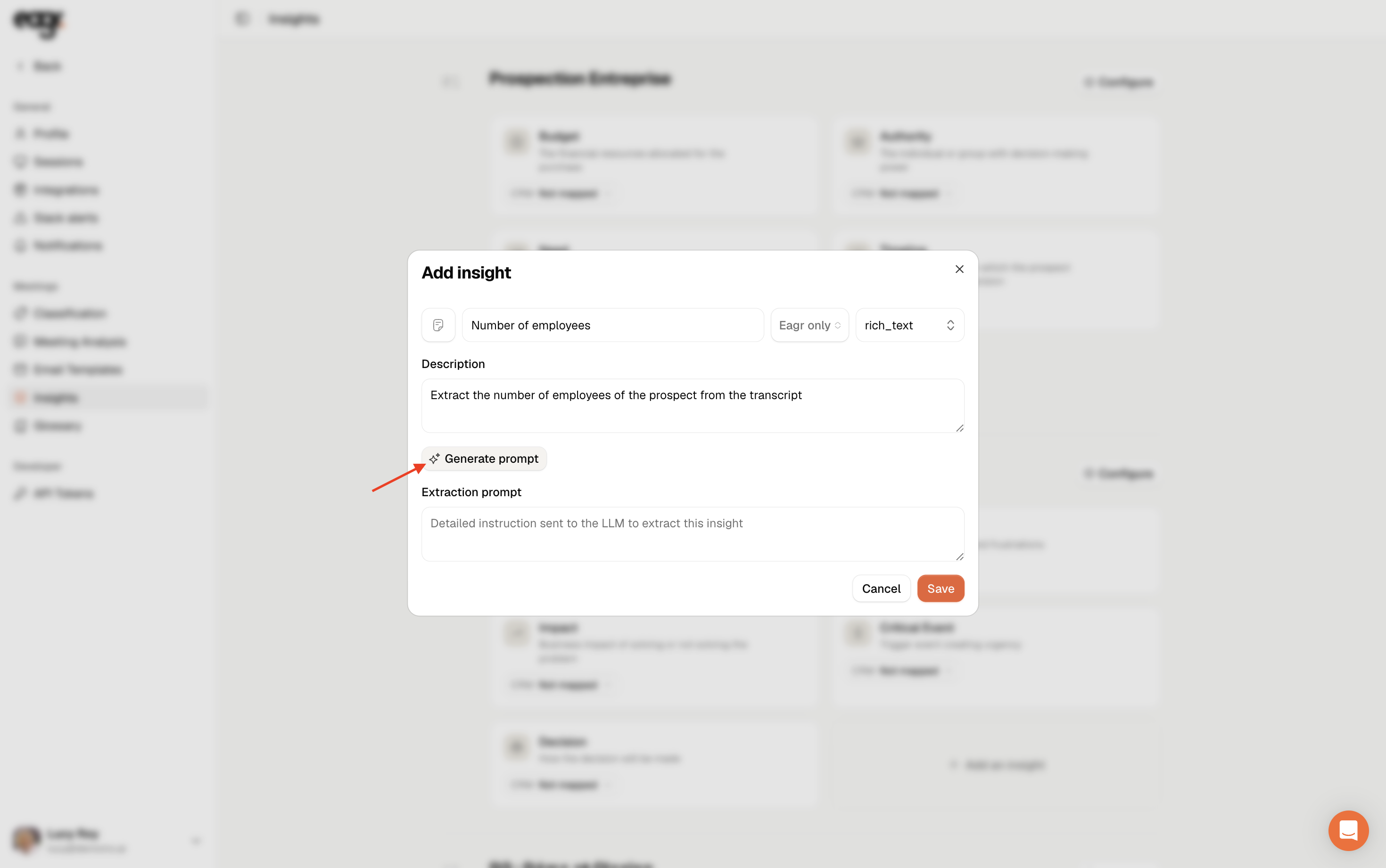 Screenshot: naming the insight and describing the information you want.