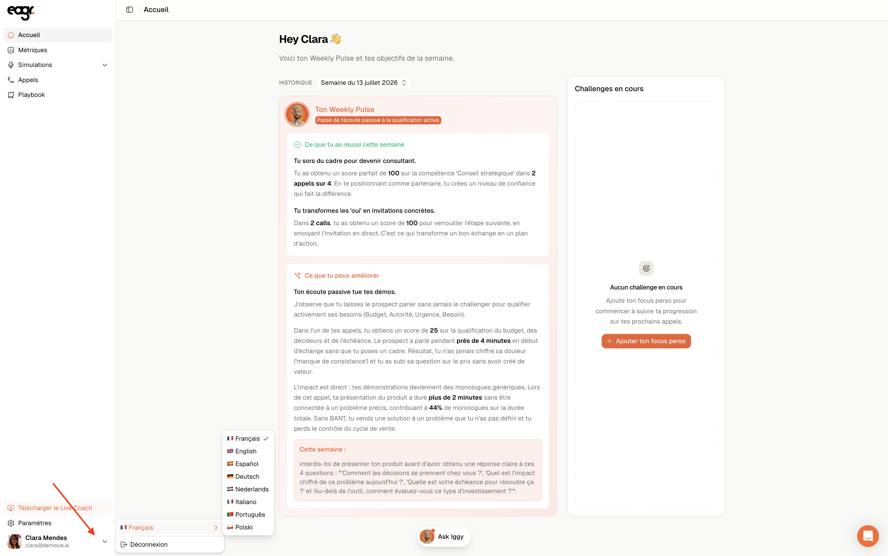 Capture : le réglage de langue, accessible depuis ton profil.