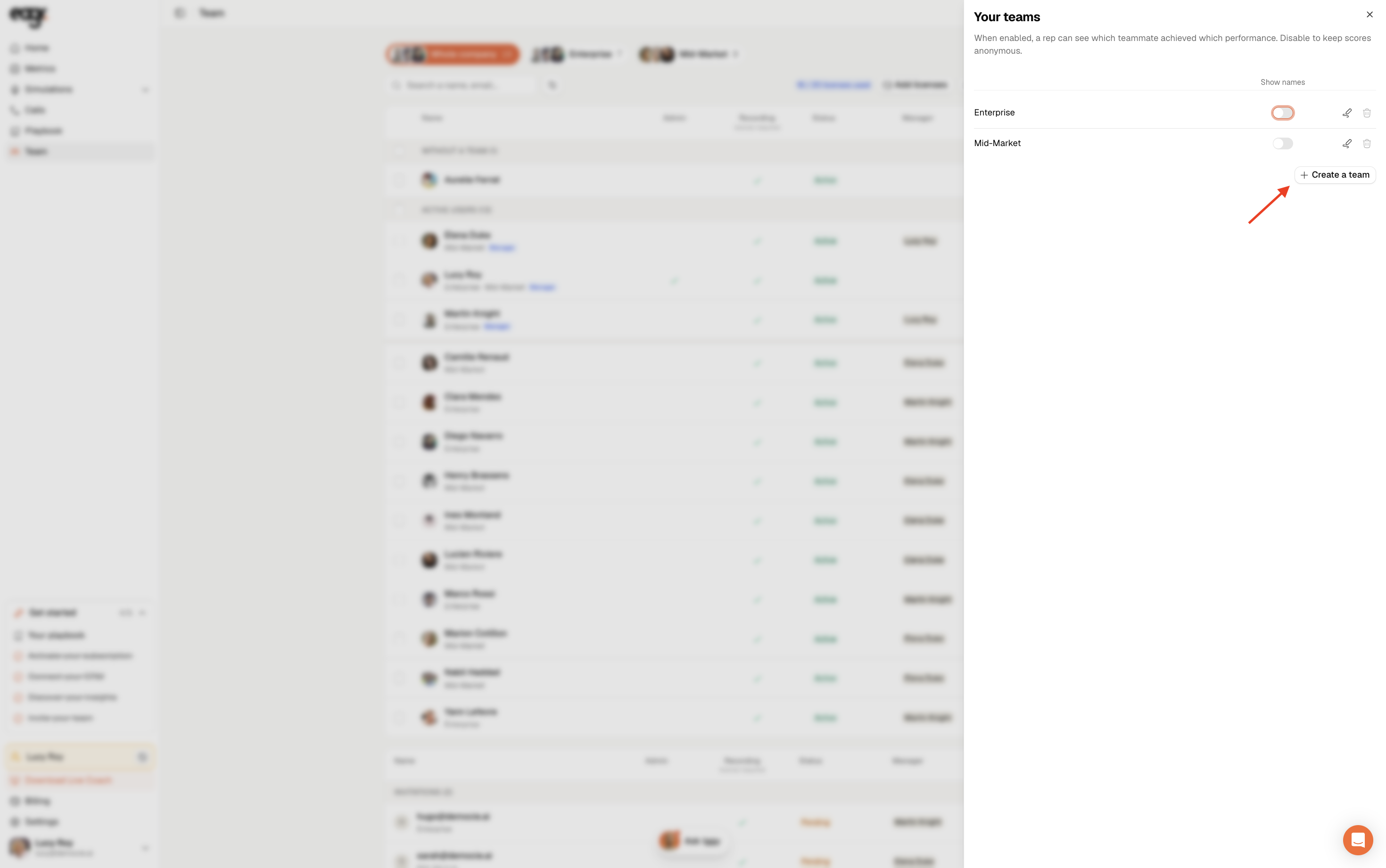 Screenshot: the Create a team button.