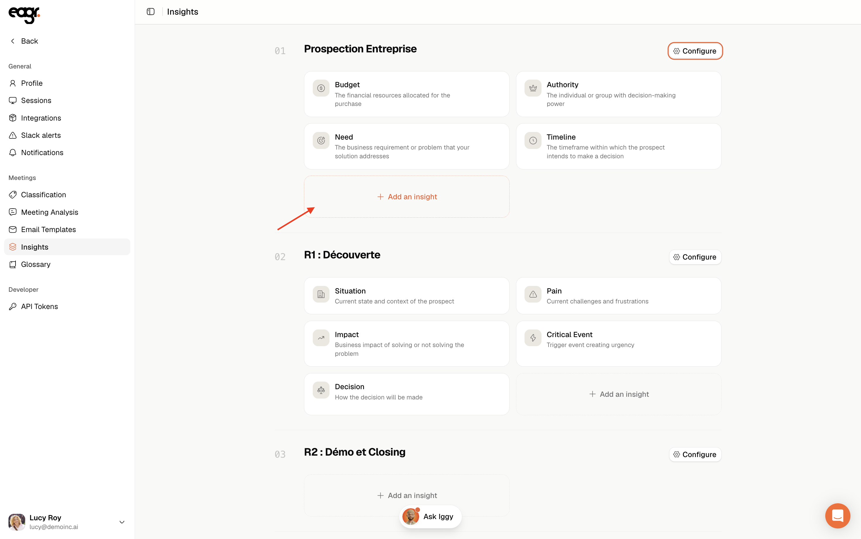 Screenshot: adding an insight from a meeting type.