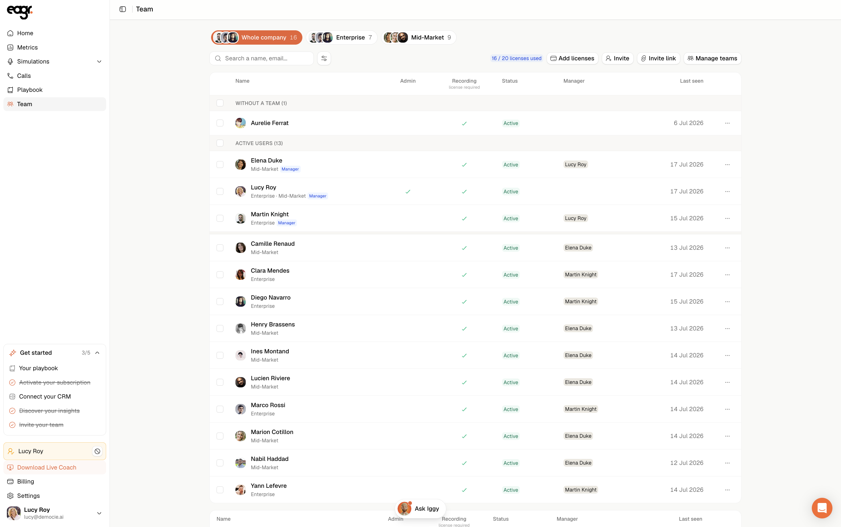Screenshot: The Team page, with its toolbar (licenses used, Invite, Invite link).