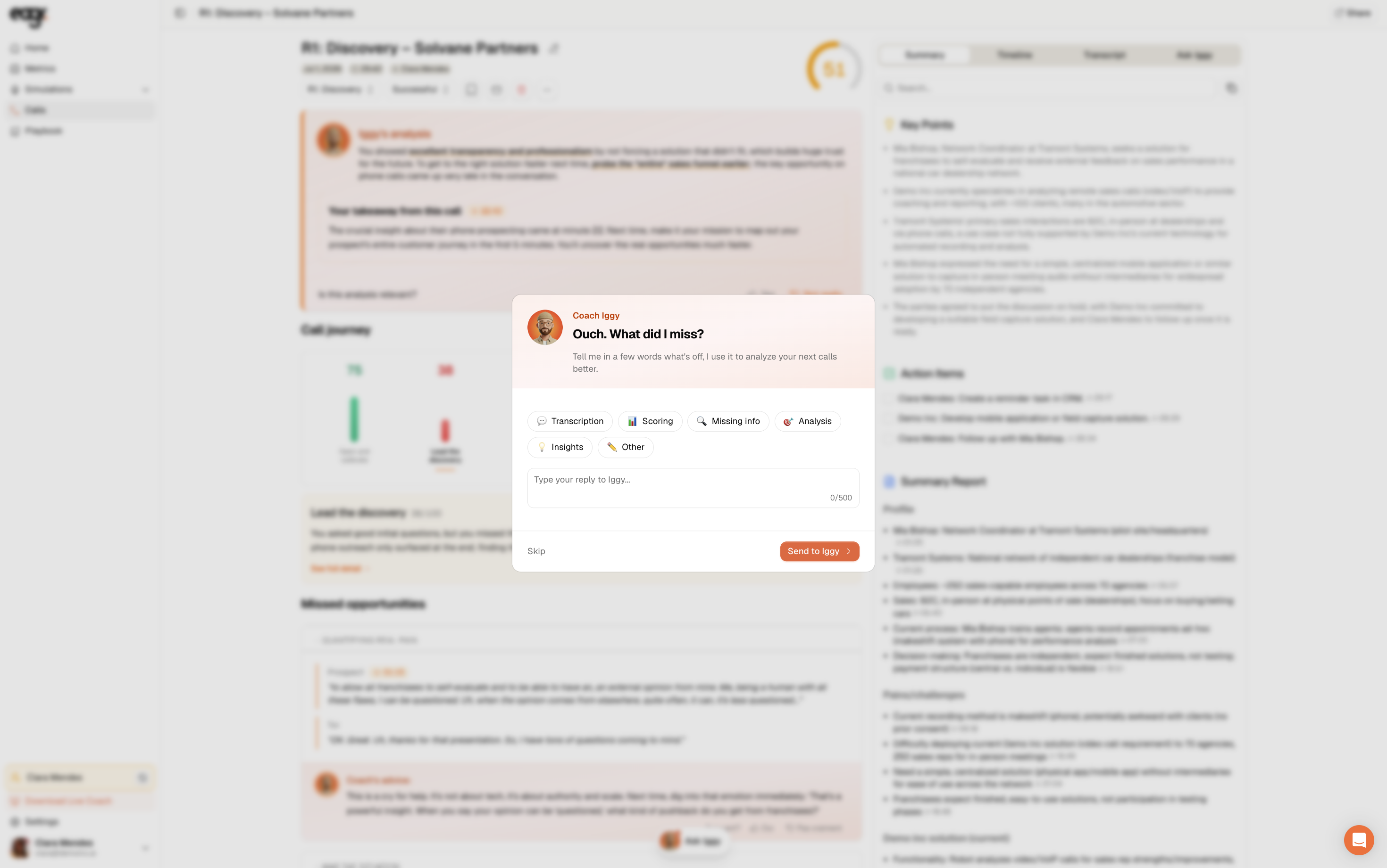 Screenshot: The detailed feedback to Iggy (category + message).
