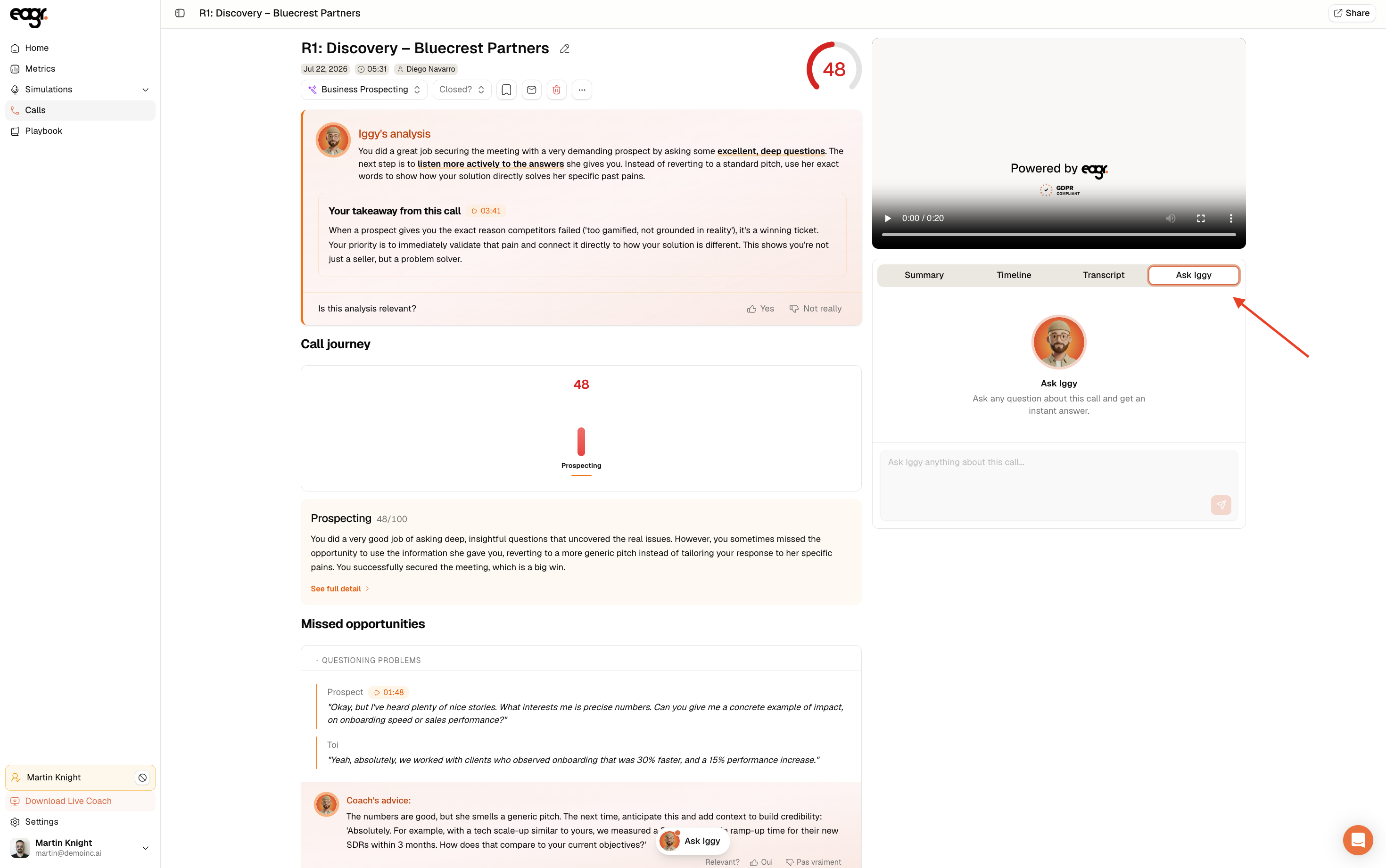 Screenshot: Iggy's analysis at the top of a call.
