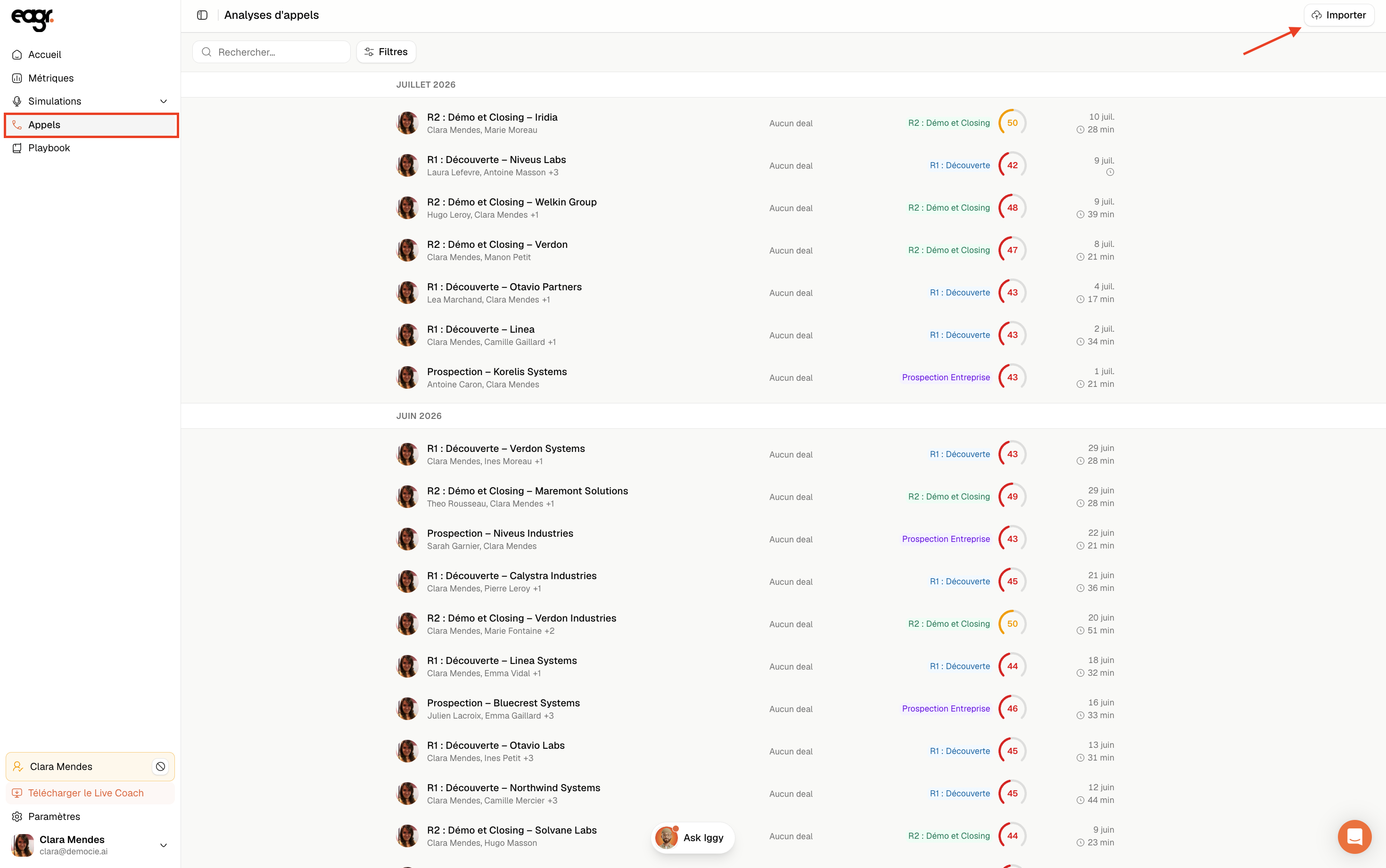 Capture : La page Appels, avec le bouton Importer.