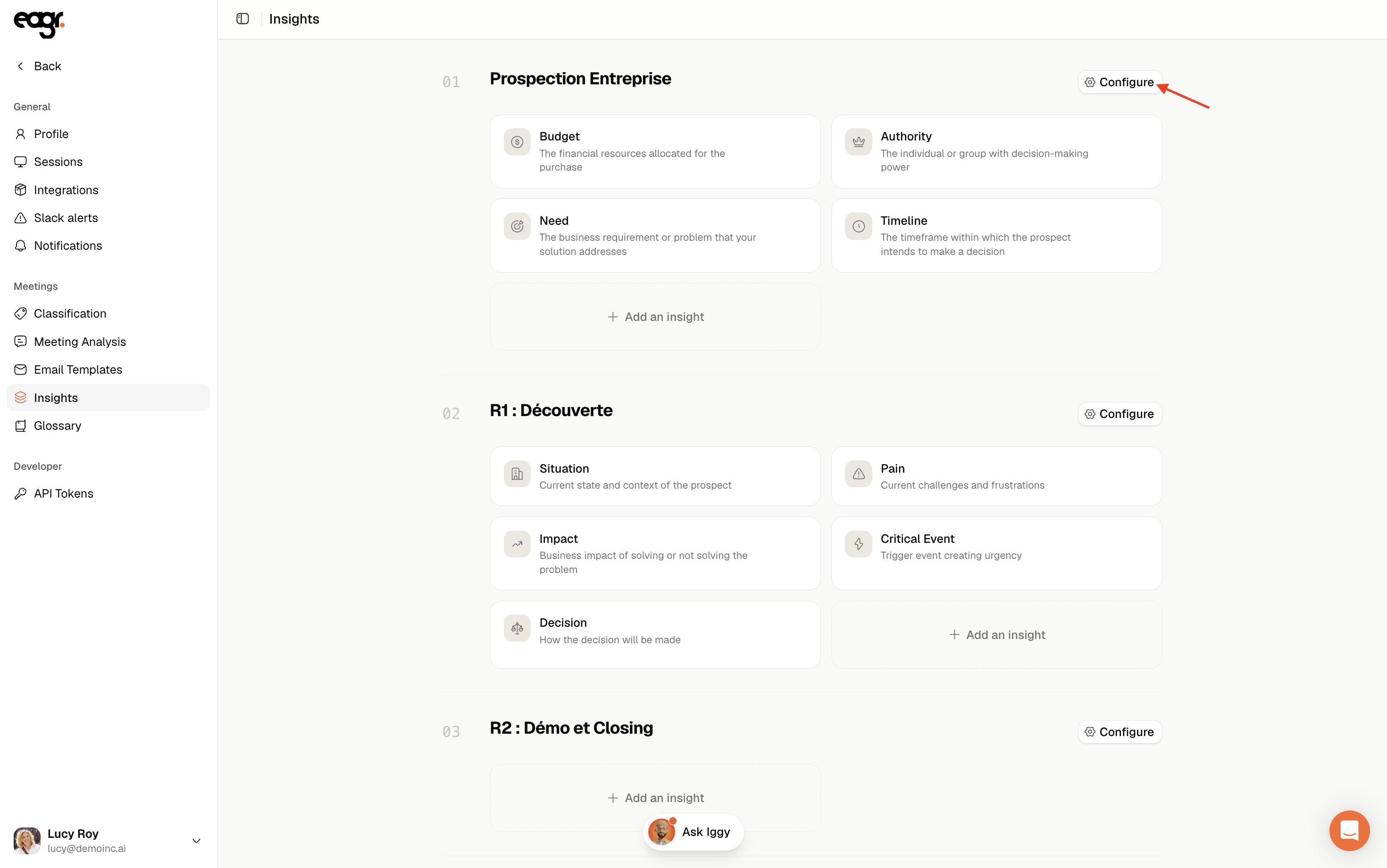Screenshot: the Configure button of a meeting type.