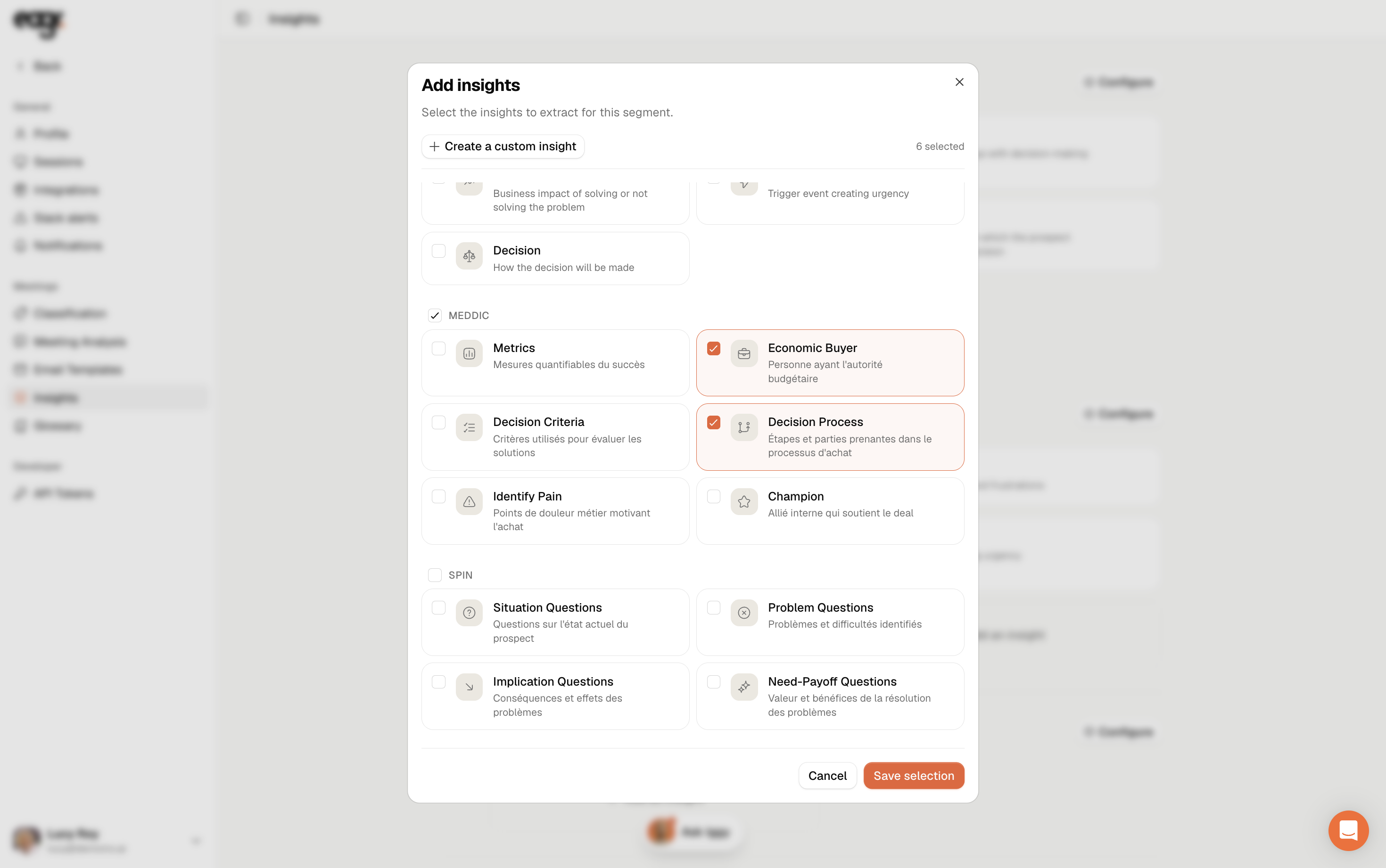 Screenshot: picking ready-made insights.