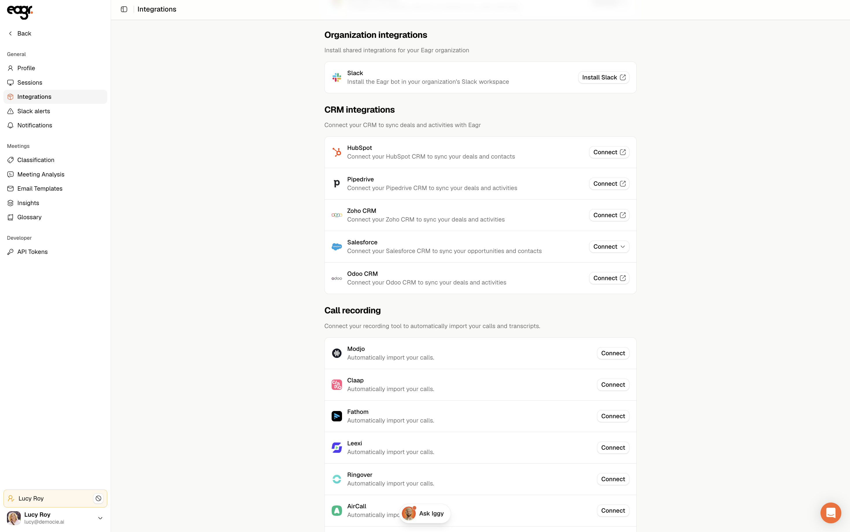 Settings → Integrations: the calendar connection