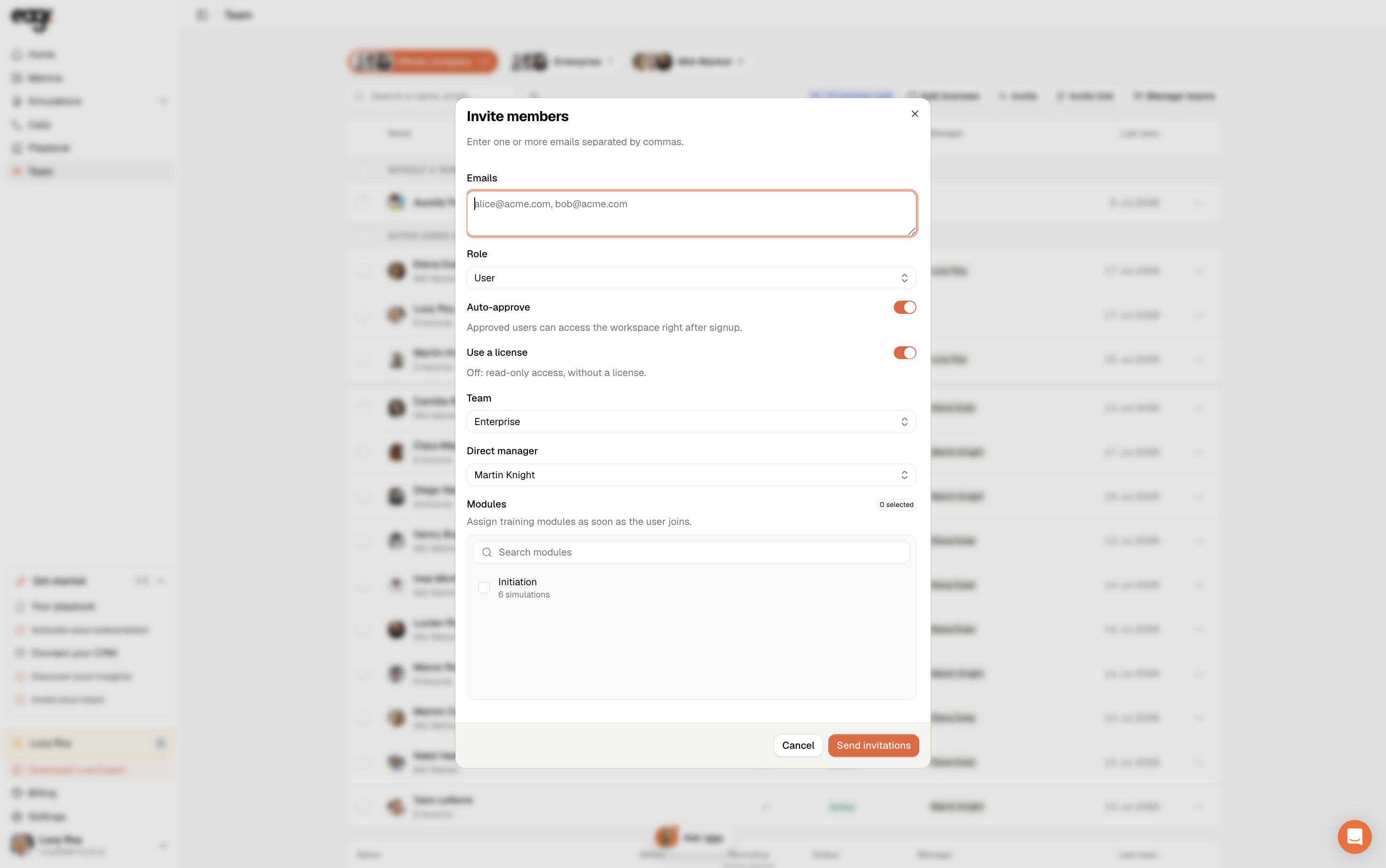 Screenshot: The email invite form.
