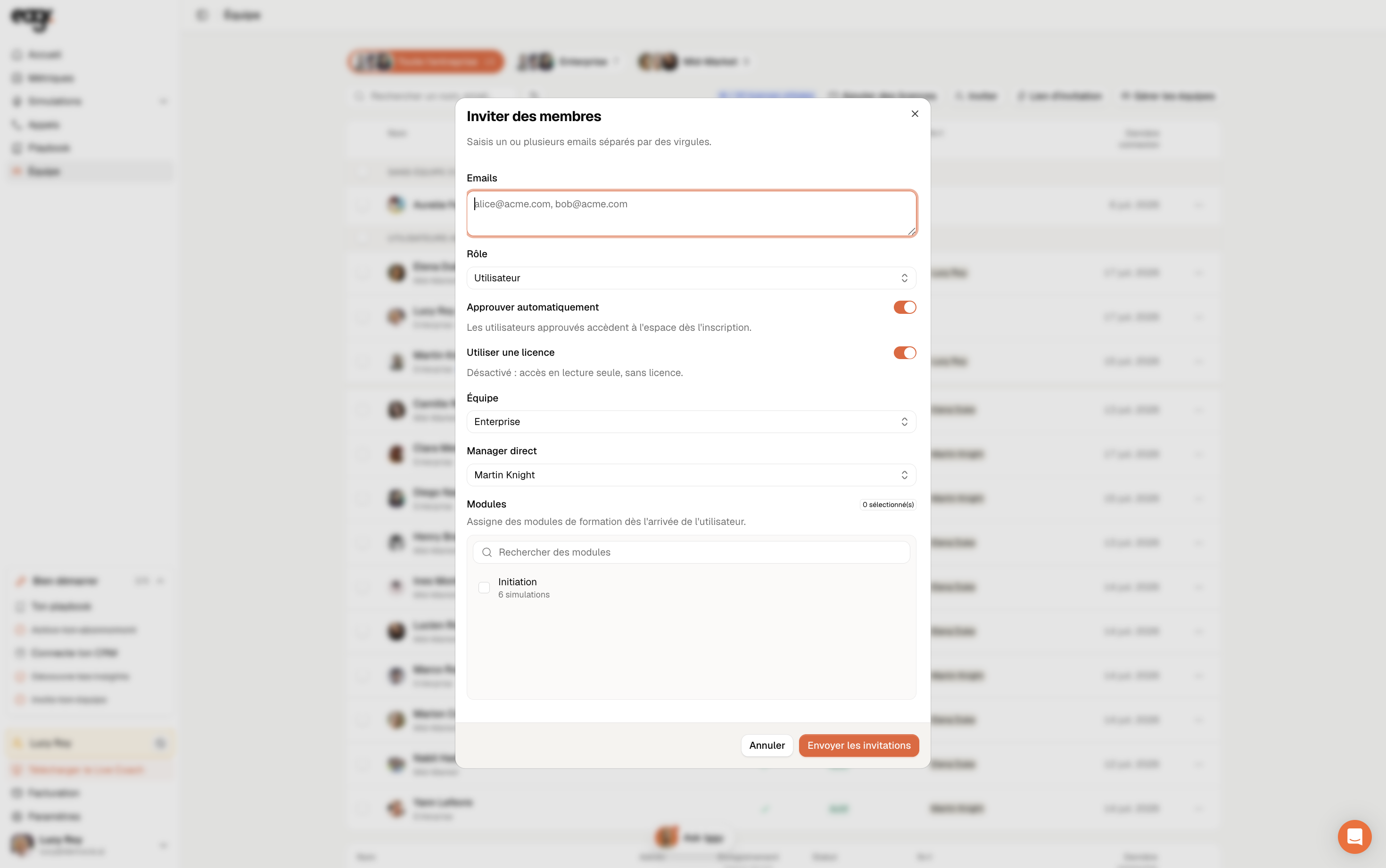 Capture : Le formulaire d'invitation par email.