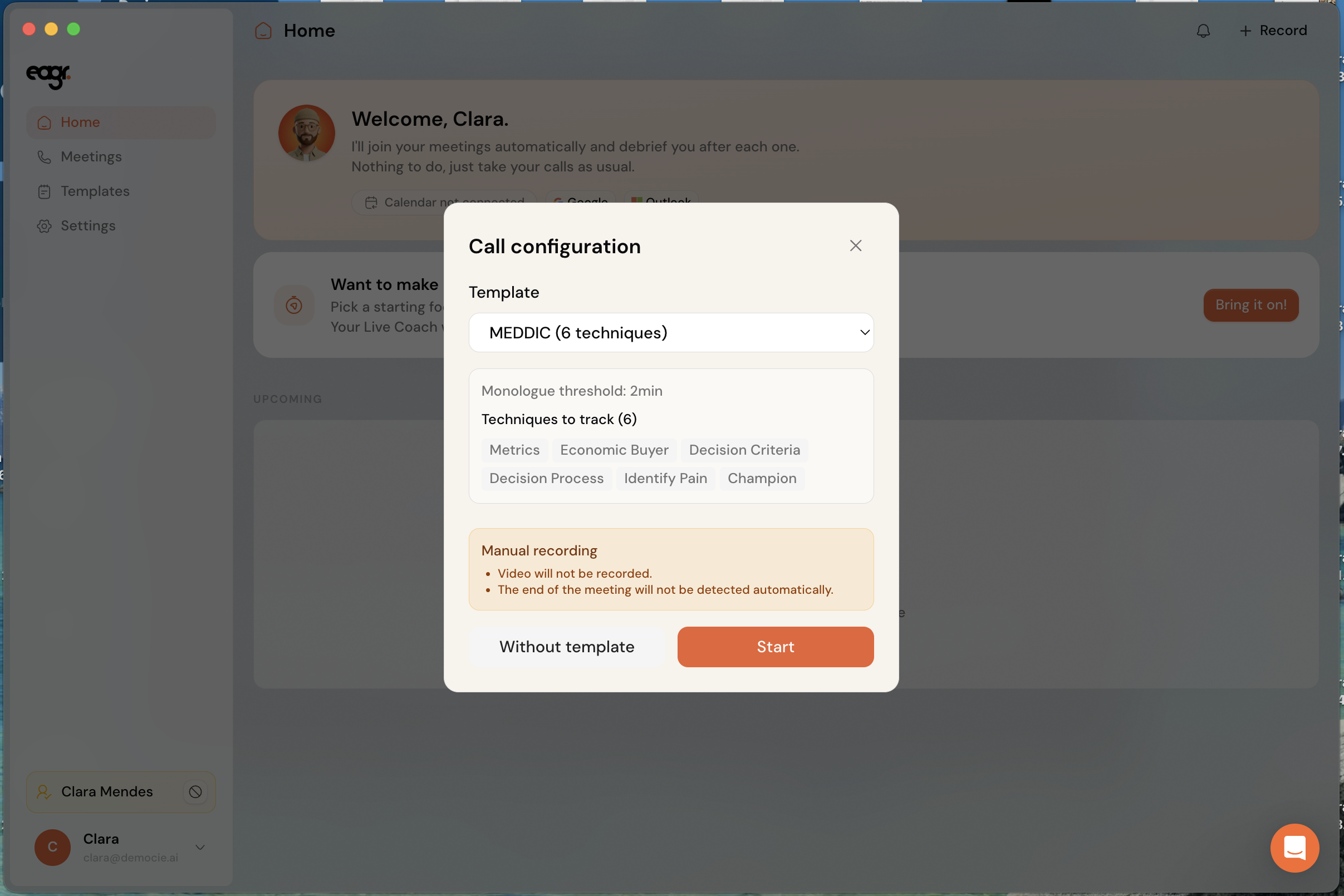 The call configuration and template choice