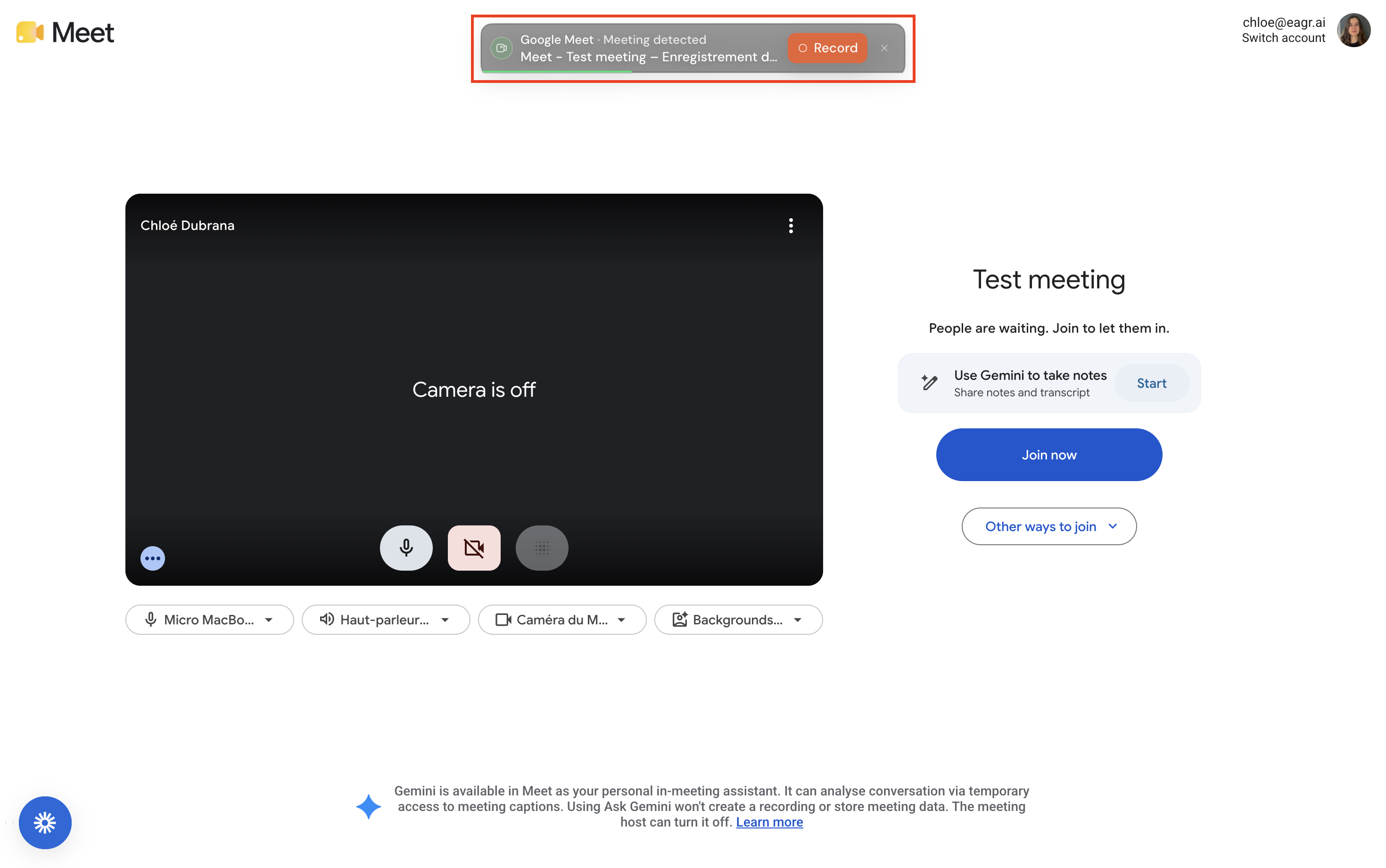 The meeting-detected notification with the Record button
