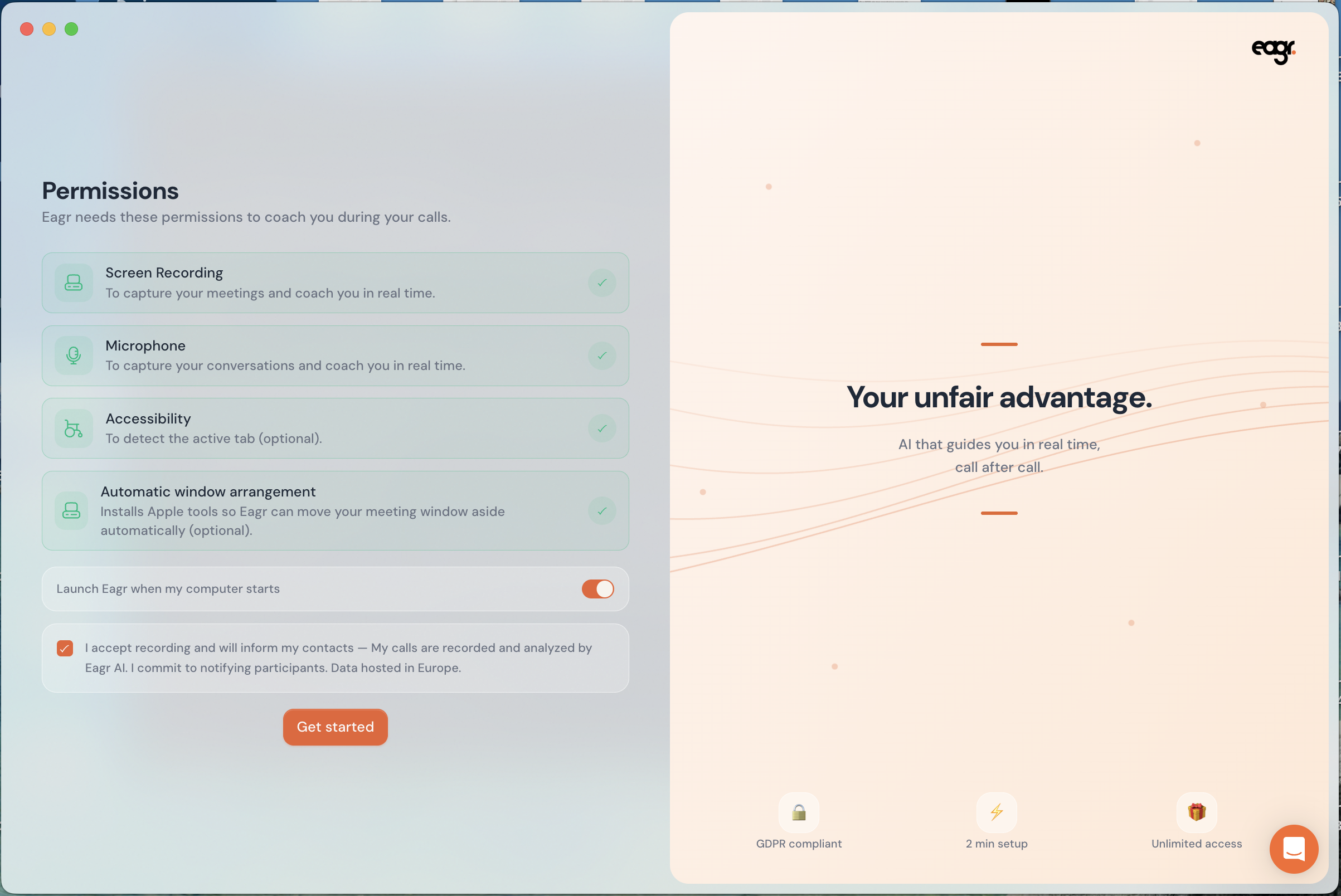 The permissions screen