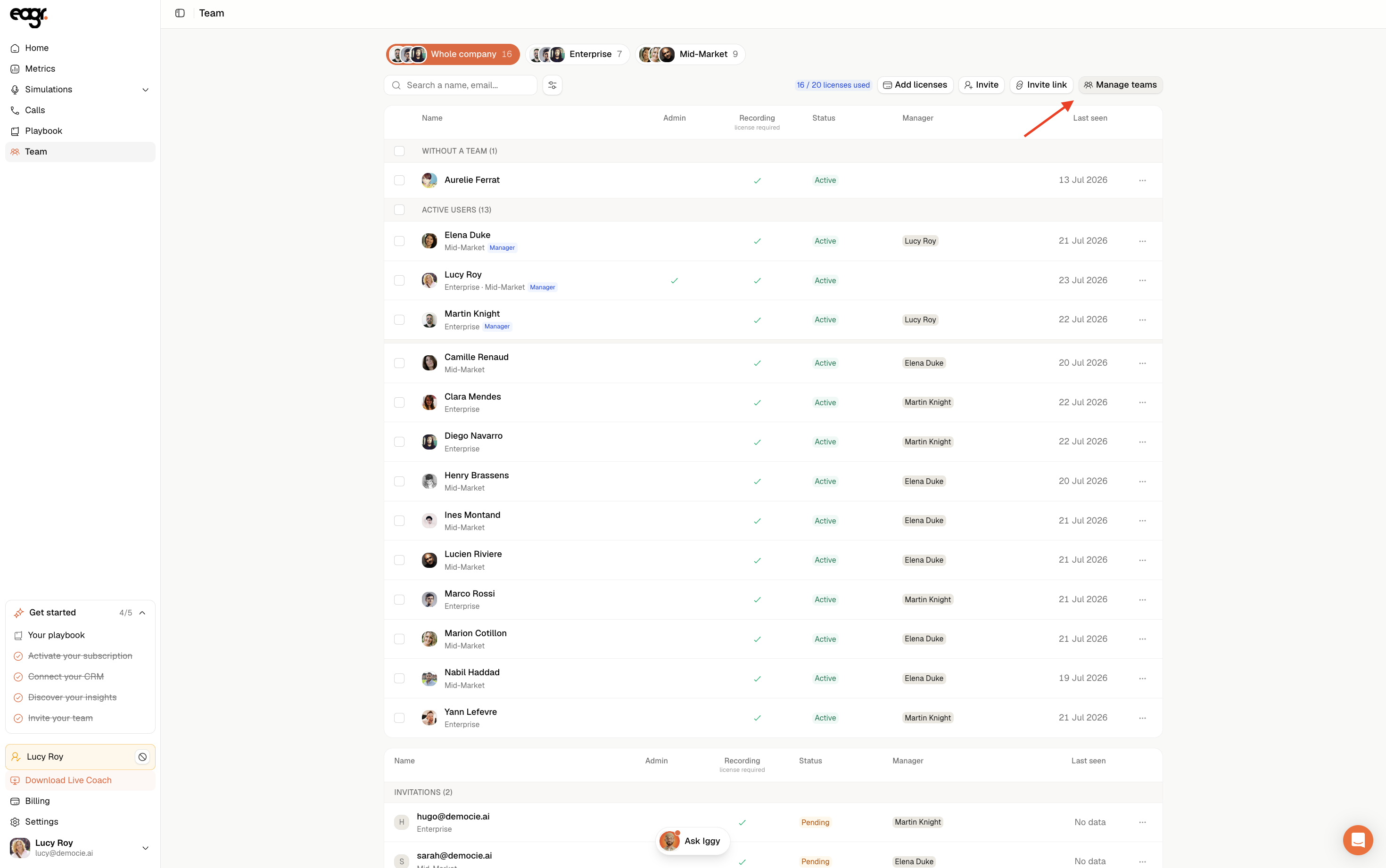 Screenshot: the Manage teams button on the Team page.