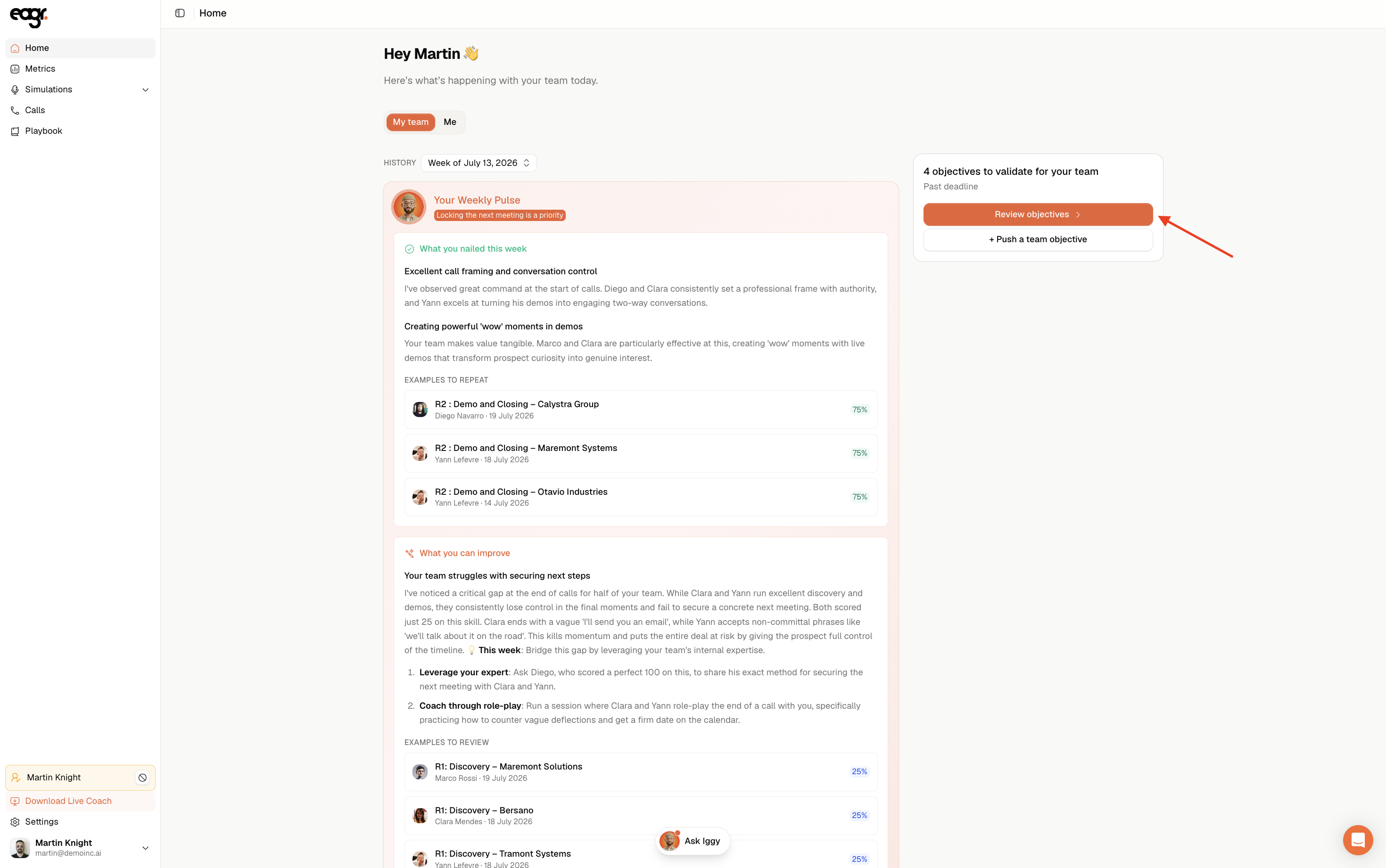 Screenshot: the objectives to validate and the Review objectives button.