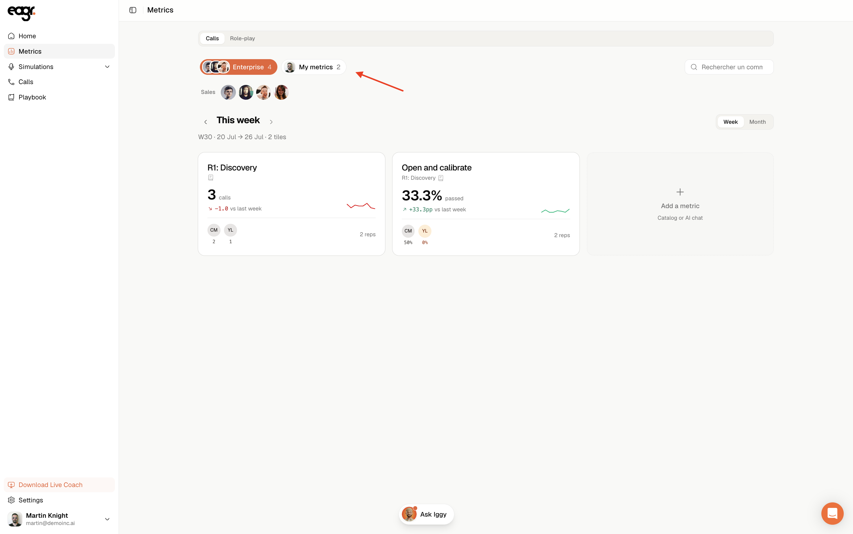 Screenshot: switching between team metrics and "My metrics".