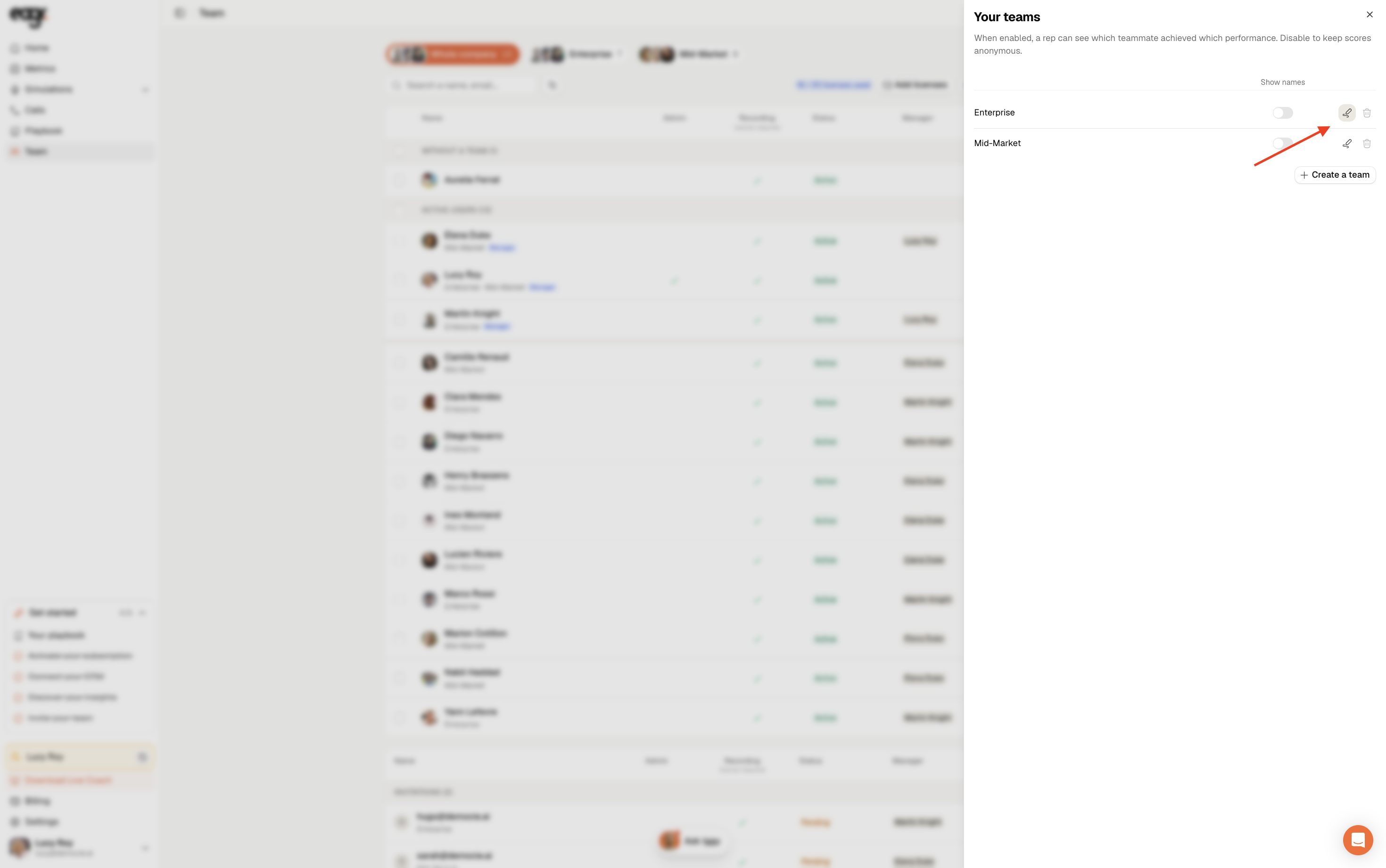 Screenshot: the icon to rename a team.