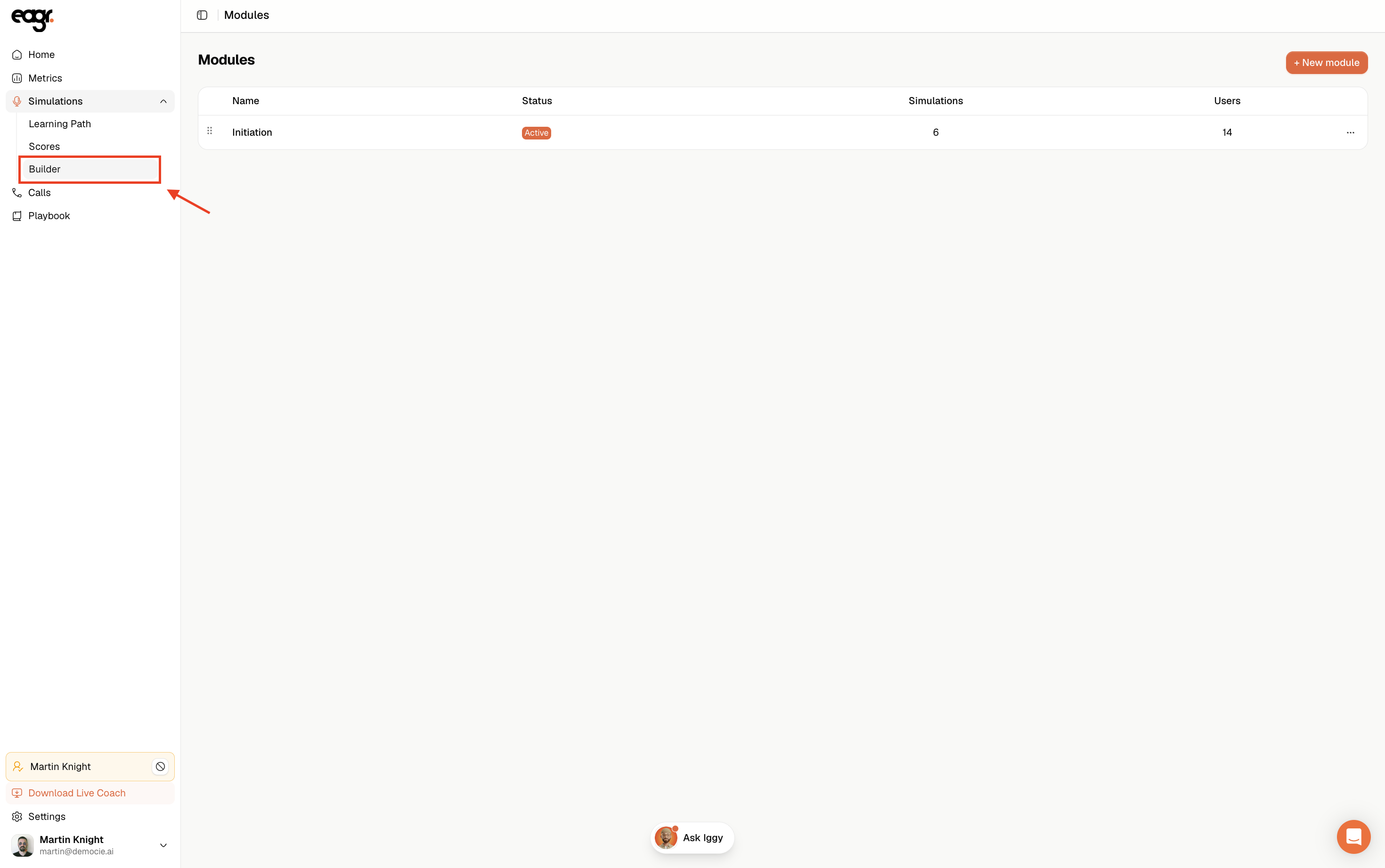 Screenshot: The module list and the New module button.