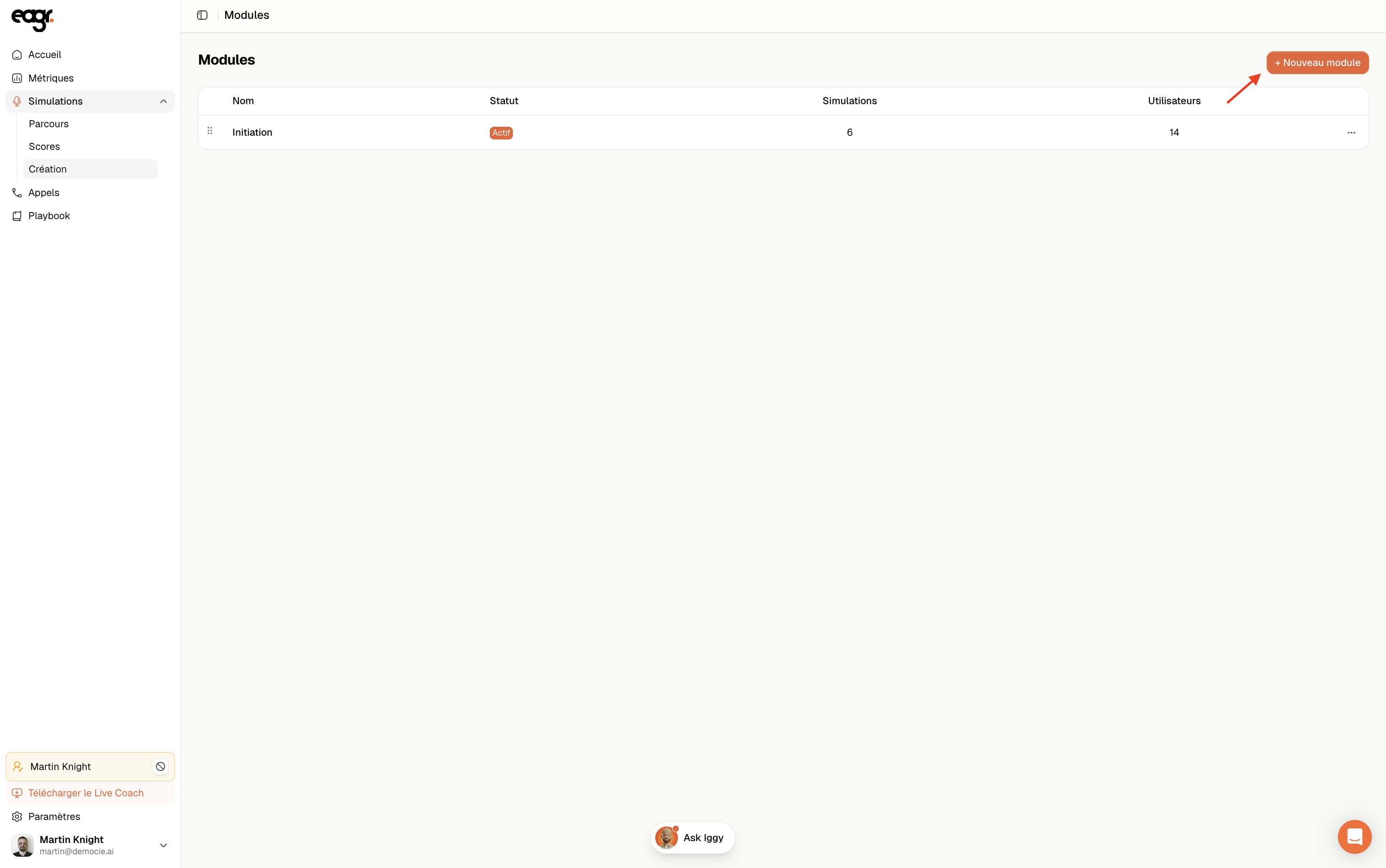 Capture : La liste des modules et le bouton Nouveau module.