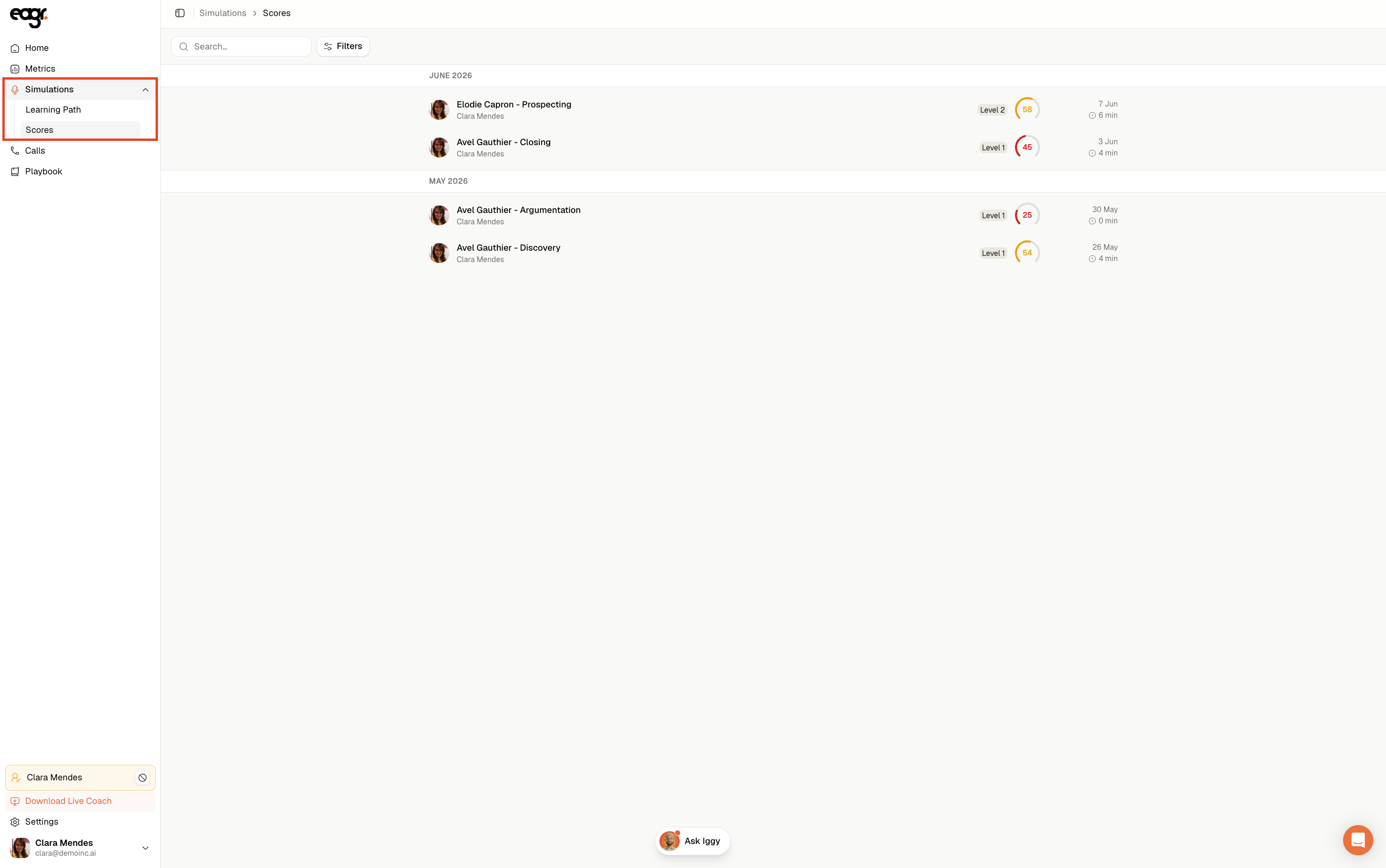 Screenshot: Your simulation scores list.