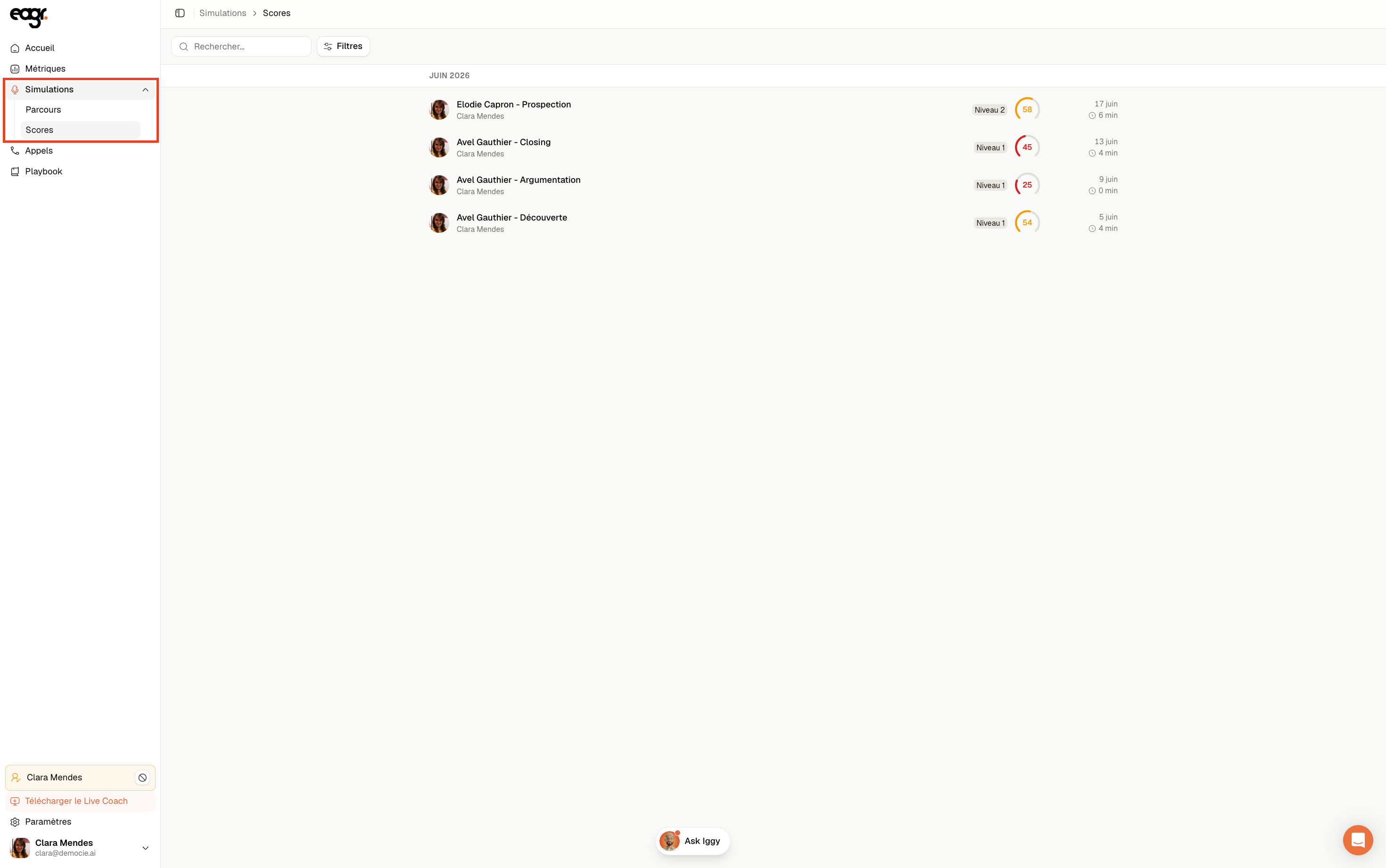 Capture : La liste de tes scores de simulation.