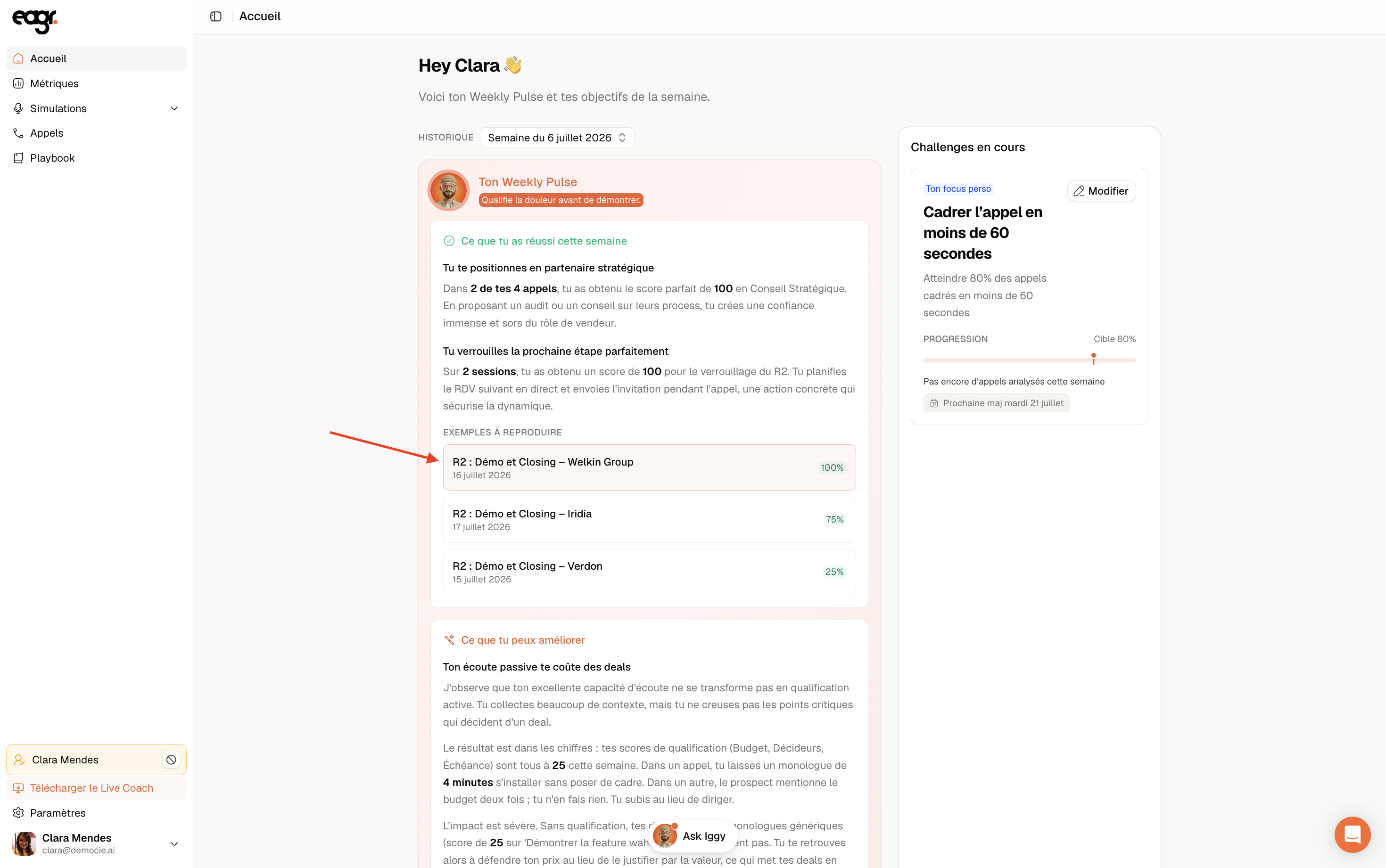 Capture : un appel exemple ouvert au moment précis à réécouter.